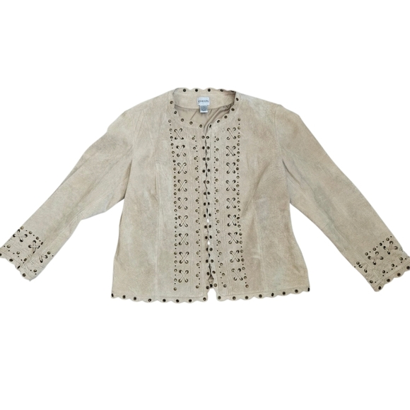 Chicos Suede Leather Jacket Size 2 Beige/Tan Eyelet Braided Thread Studs Western - Picture 3 of 12